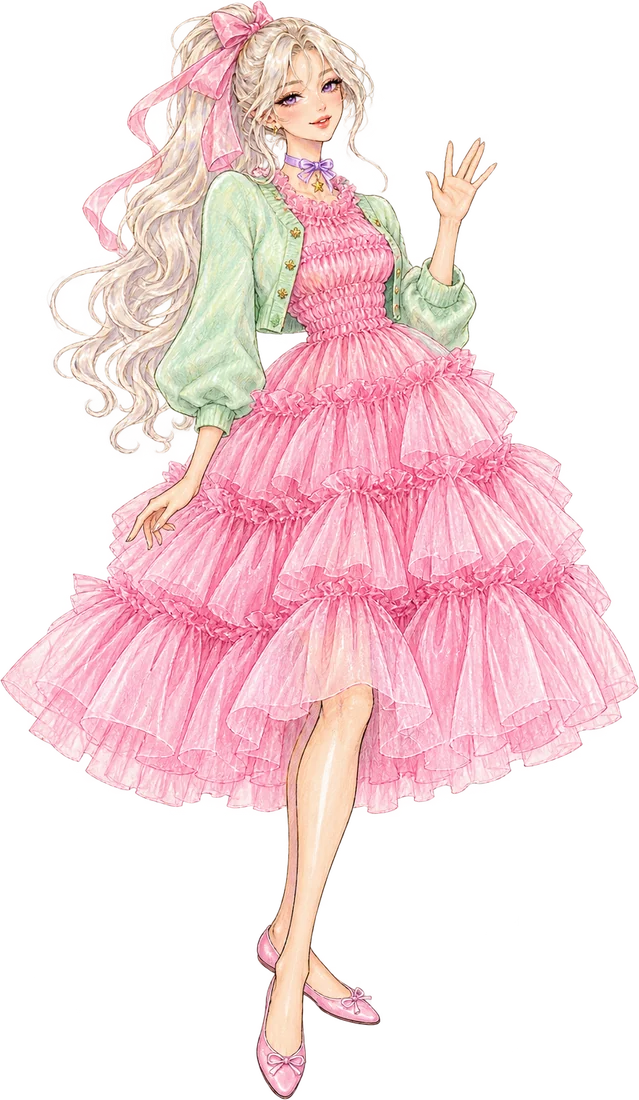 Viri, an illustrated designer with long pale hair and a pink tiered tulle dress, waving hello.